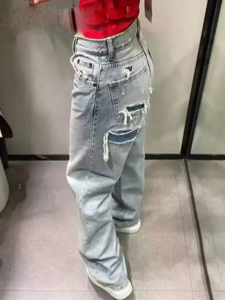 Jean pour femmes 2024 Denim solide ample fermeture éclair mouche femme trou pantalon poches sauvage basique trajet femme jambe large pantalon Long