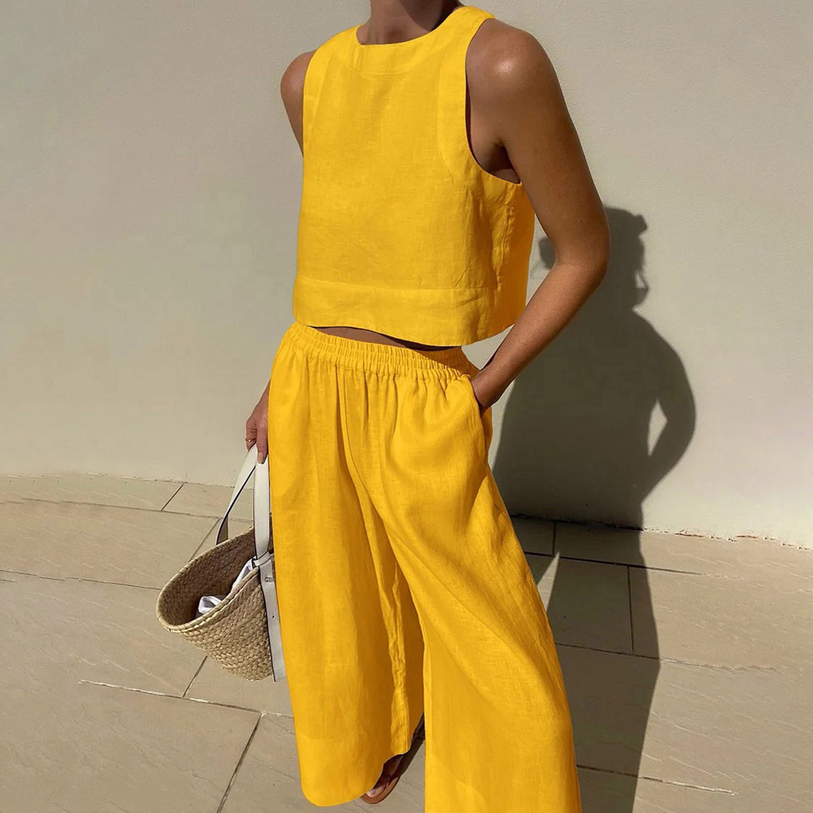 Mode dames pantalons longs 2 pièces ensembles femmes décontracté grand costume ample solide sans manches chemise et pantalon deux femmes costume