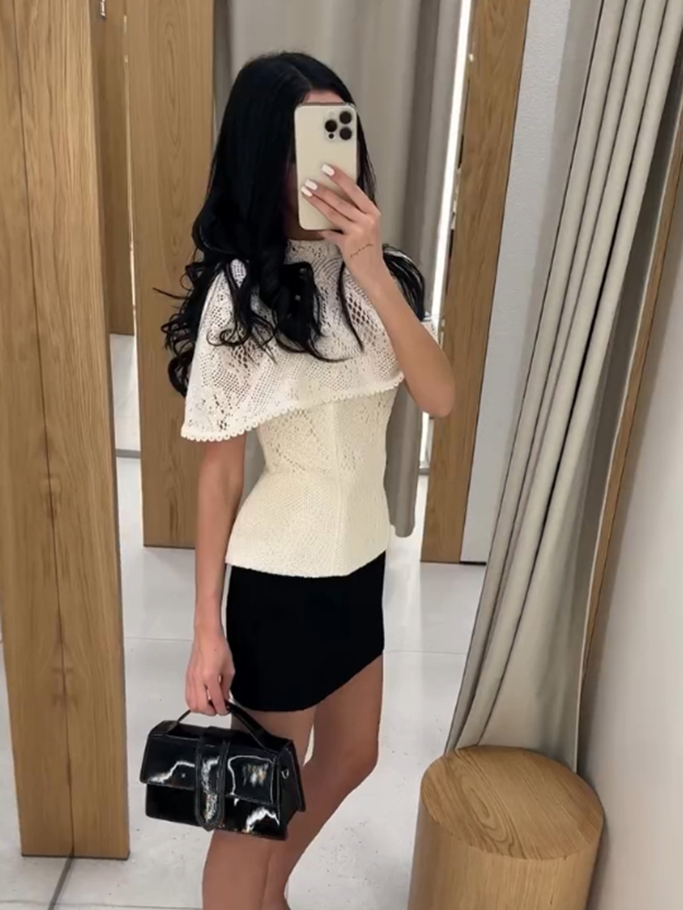 Élégant haut châle en dentelle ajourée pour femme, taille cintrée, col rond, manches courtes, collection été 2026, mode féminine