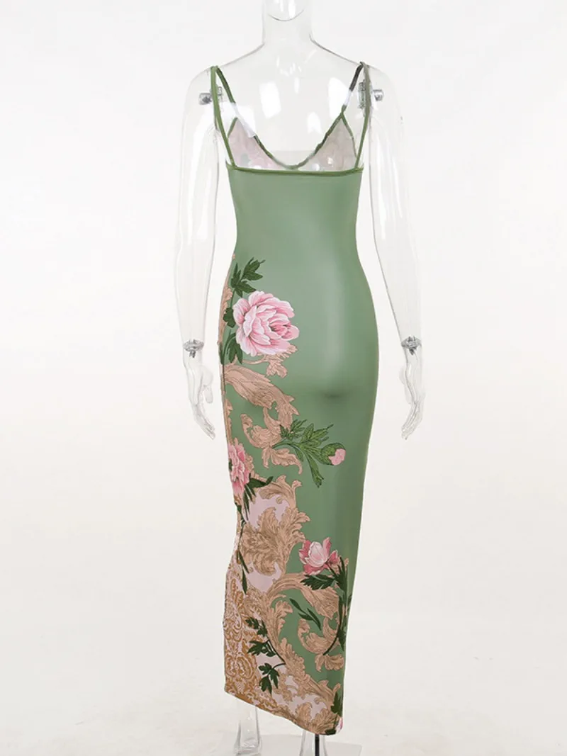 Robe verte d'été à imprimé Floral pour femmes, mode décontractée, sans manches, col en v, dos nu, tunique moulante, robes de plage, de vacances, Streetwear