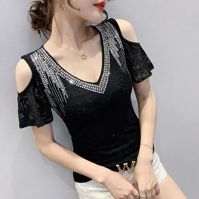 T-shirt à paillettes pour femmes, épaules dénudées, Streetwear coréen, vêtements esthétiques de base, vêtements de vente bon marché, commentaires, vente en gros