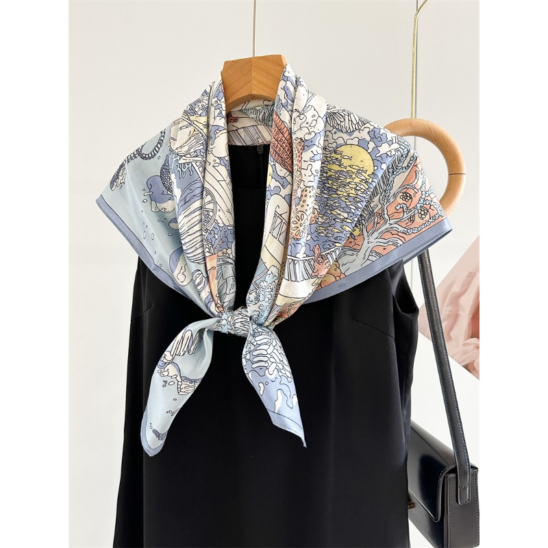Foulard en twill de soie de mûrier 100% 90x90cm, imprimé Palais Sous-Marin Fantaisie, bord roulé à la main, accessoire de mode féminin pour le cou, la tête ou la poche
