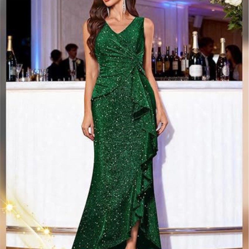 Robe de soirée élégante et sexy pour femme, col en V, scintillante, à volants fendus, ajustée, sans manches, couleur unie, style bodycon, pour l'été