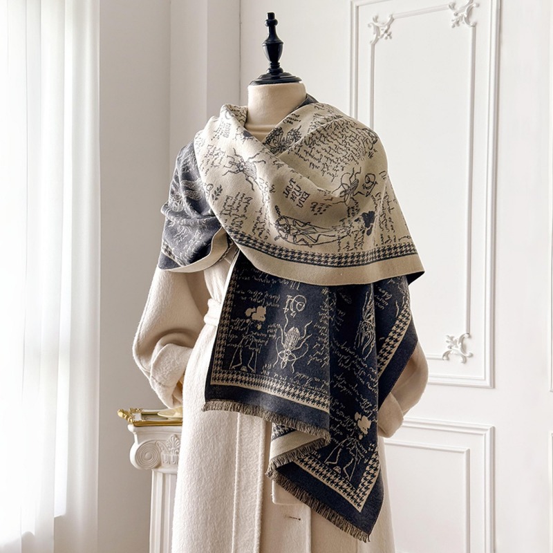 Écharpe rétro pour femmes à imprimé insectes, double face, à larges franges, anti-froid, pour un usage quotidien.