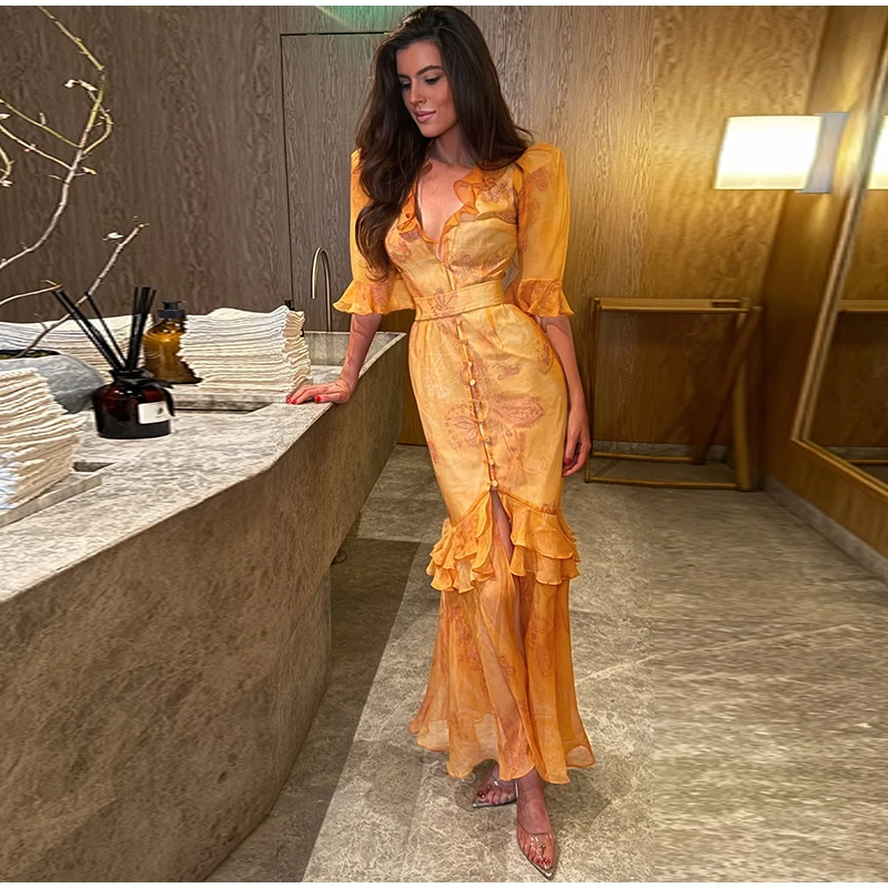 Robe longue sirène élégante à imprimé floral et volants pour femme, col en V, manches mi-longues, taille cintrée par boutons, fente latérale, robe de soirée tendance