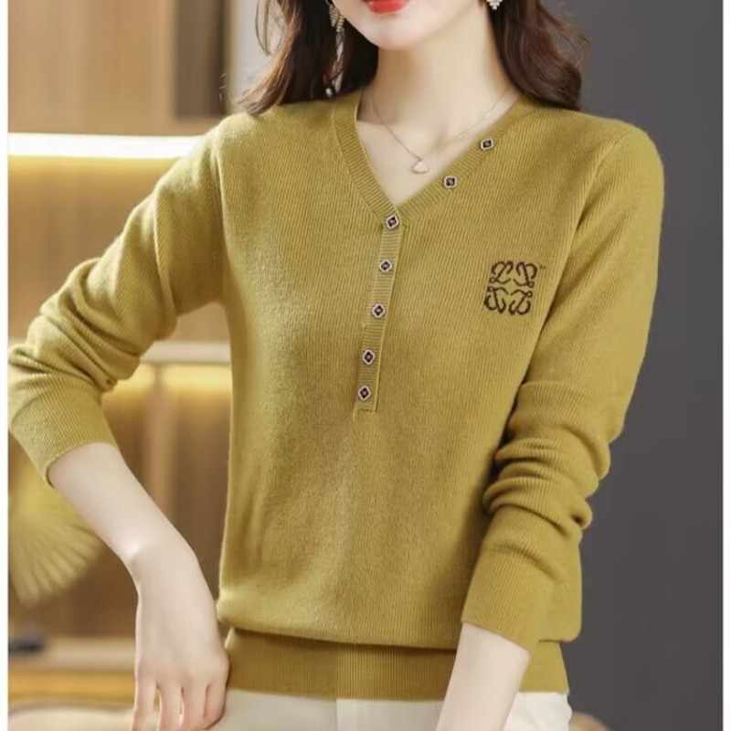 Pulls en tricot à col en V vintage pour femmes, pulls à boutons monochromes, vêtements décontractés, dame de bureau, mode chic, automne, hiver