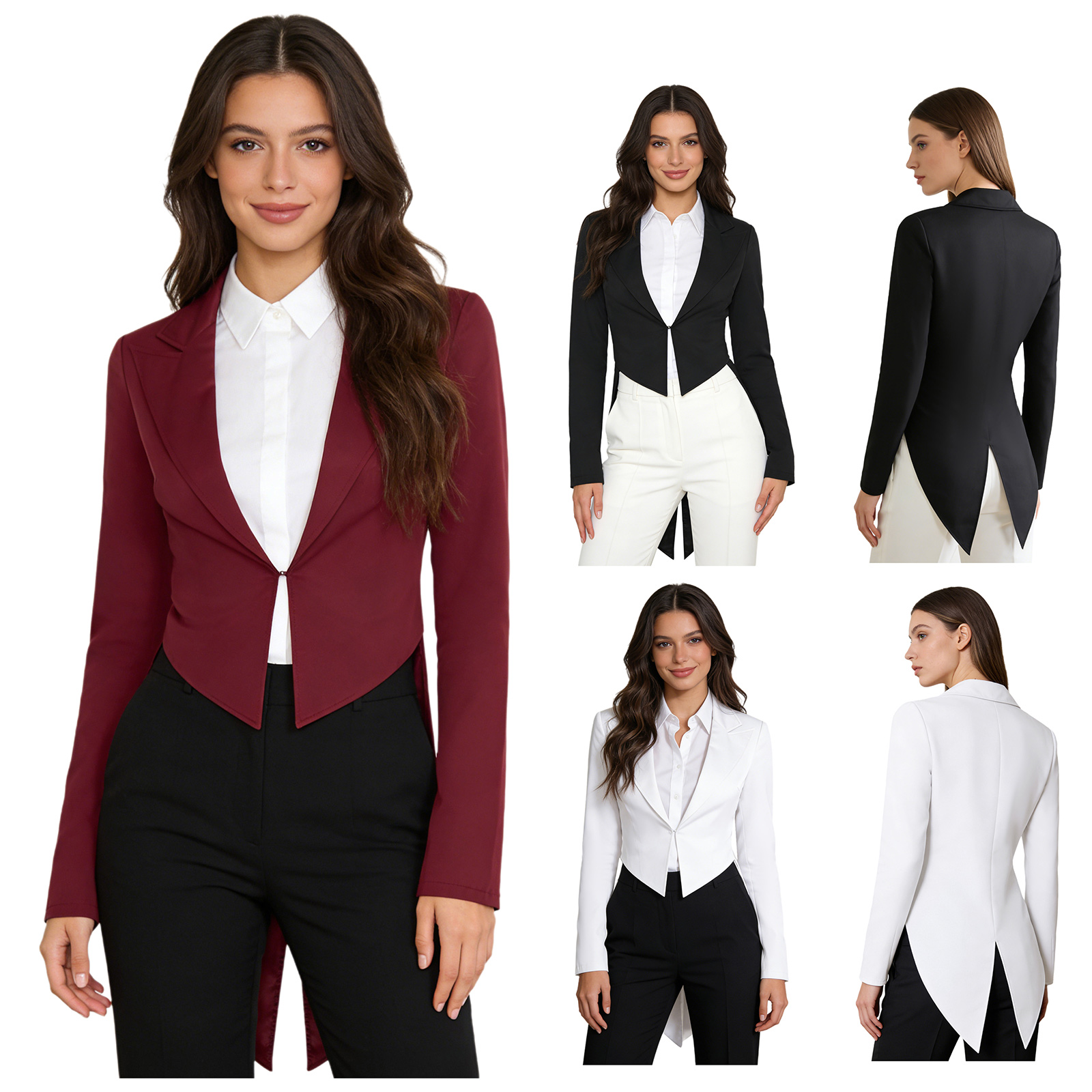 Blazer queue-de-pie vintage pour femme, veste à revers ouverte, manteau de smoking, vêtement d'extérieur, costume de serveuse de cocktail