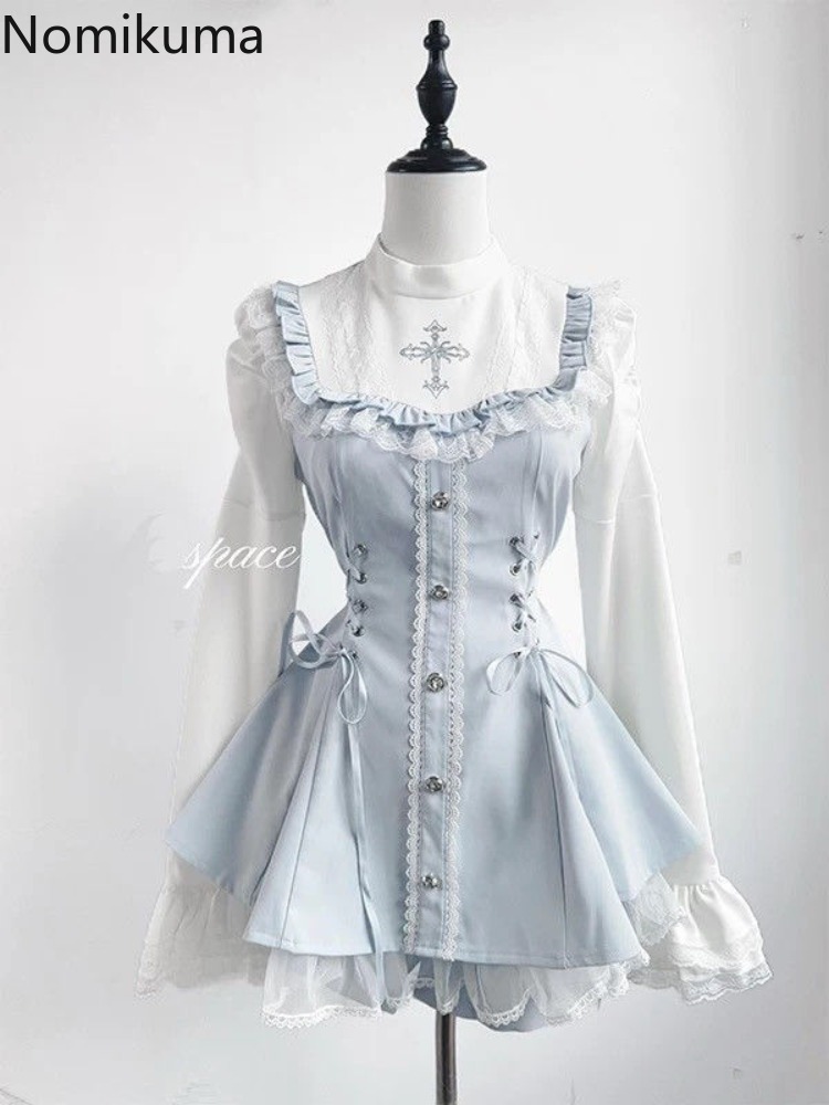 Vêtements pour femmes robe costume deux pièces ensembles Roupas Femme Style Lolita taille mince nœud dentelle robes douces tenues japonais mignon ensemble