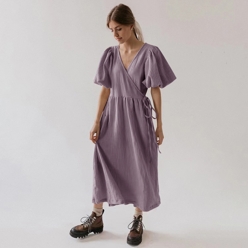 Robe longue vintage 100 % coton à manches bouffantes pour femme, en mousseline de crêpe gaze, col en V, avec bandage et dentelle, élégante, pour fête d'anniversaire
