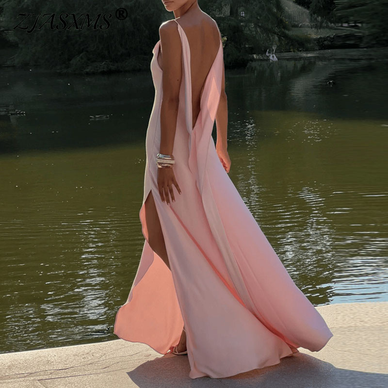 Robe longue élégante pour femme, taille haute, fendue, sexy, unie, dos nu, sans manches, chic d'été, style sling, pour soirée, coupe ample, Vestidos