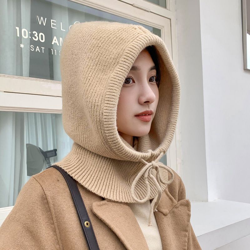 Écharpe à capuche tricotée chapeau cagoule en tricot coréen extérieur écharpe à capuche chaude avec cordon réglable Protection des oreilles bonnets casquette