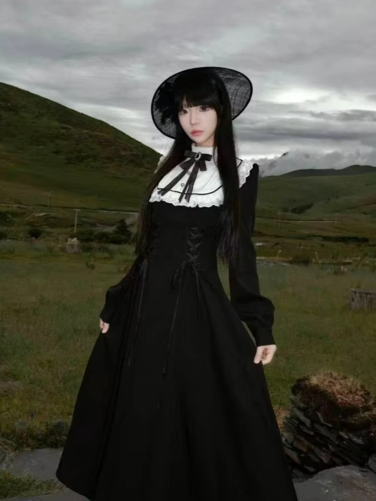 Robe mi-longue gothique Vintage pour femmes, tenue de soirée Kawaii avec nœud Lolita, en dentelle Harajuku, Patchwork, nouvelle collection