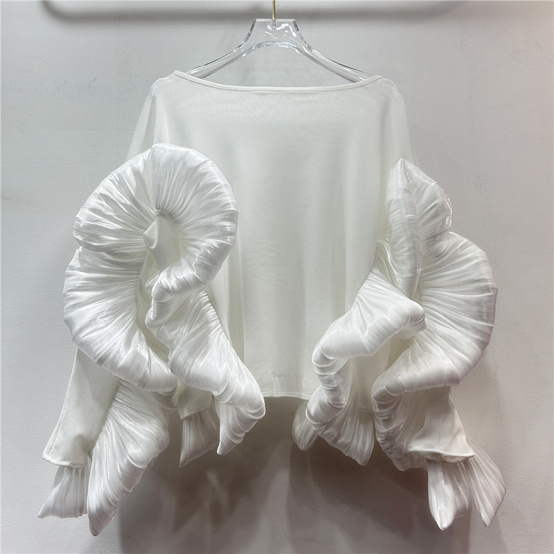 Femmes automne hiver nouveau tempérament rétro col rond à volants chemise ample à manches longues océanique chaud broderie graphique t-shirts