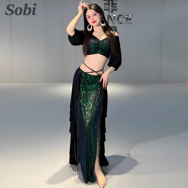 Ensemble de costumes de danse du ventre pour femmes, haut à bretelles Sexy + jupe longue, tenue de classe d'entraînement sirène, vêtements de spectacle de danse du ventre orientale