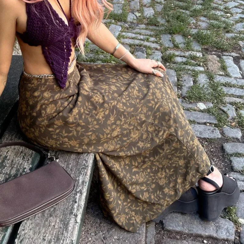 Robe d'été pour femmes, style vintage, jupe à motif imprimé feuilles brunes, taille basse, jupes à fleurs, tenues de plage, streetwear Y2k