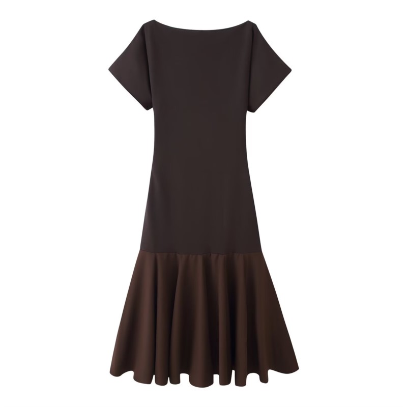 Robe en tricot patchwork pour femme, col rond, manches courtes, ourlet plissé uni, robe midi élastique pour femme, robes longues chics pour femme