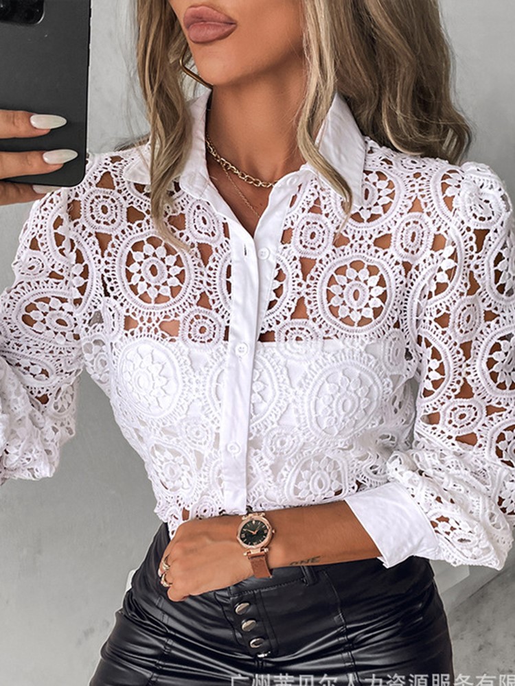 Chemisiers en dentelle pour femmes, chemise blanche de bureau élégante, manches longues, boutons, col rabattu, hauts ajourés Sexy, vêtements à la mode pour femmes