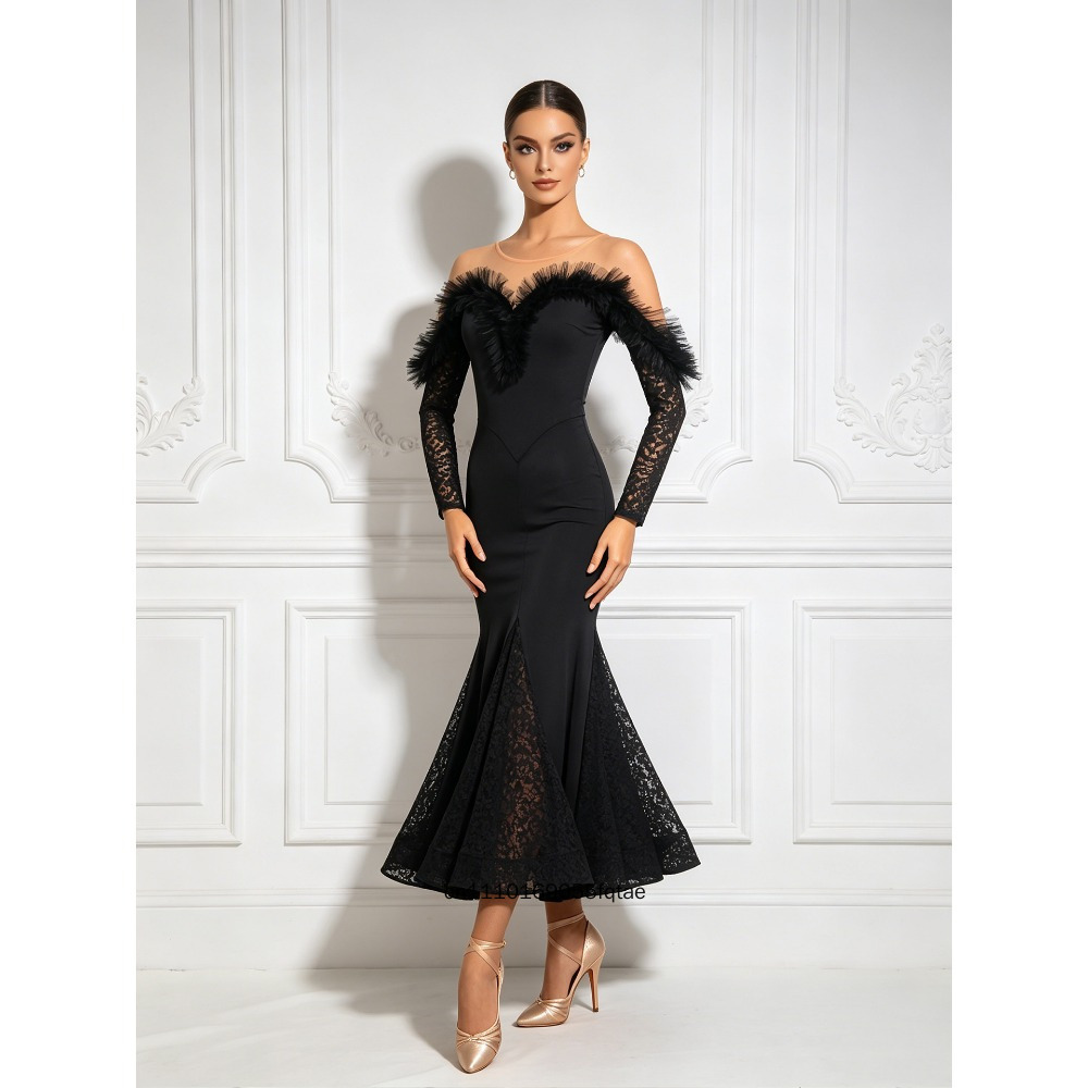 Robe de danse moderne à épaules dénudées pour femmes, manches longues, jupe évasée en dentelle, costume de danse de salon standard pour la compétition et la pratique