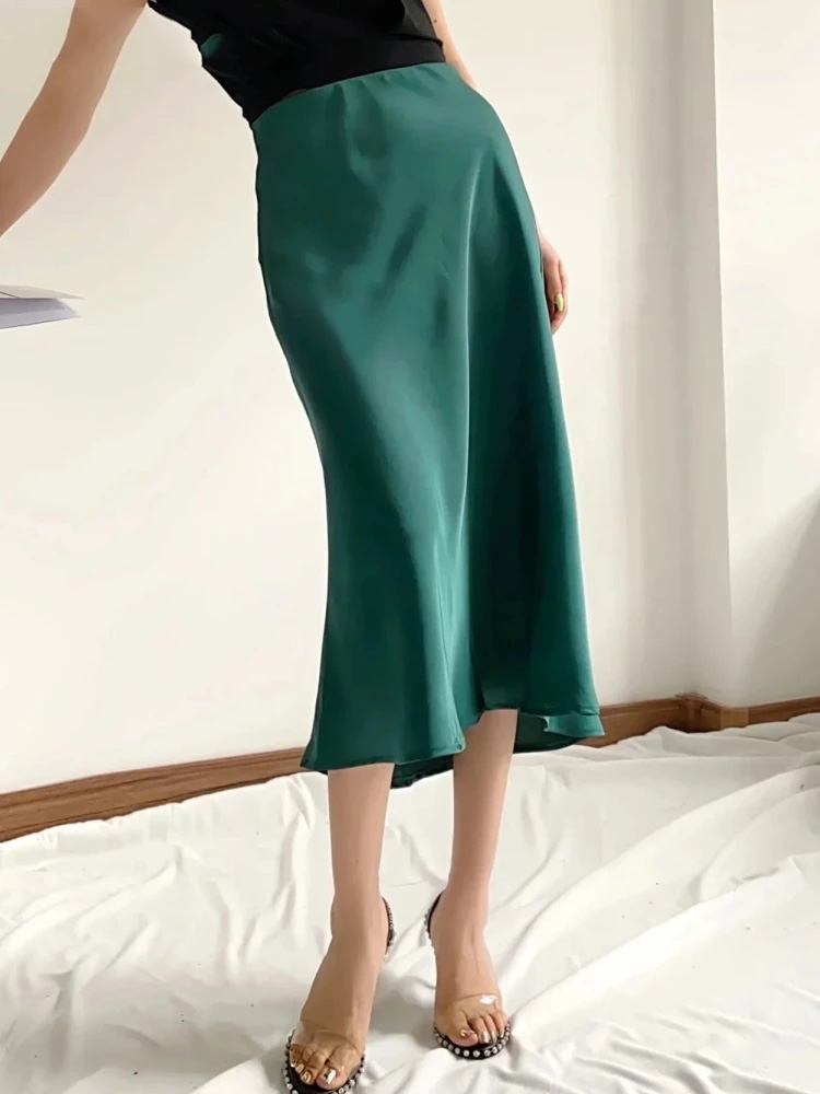 Jupe trapèze en satin pour femmes, taille élastique, couleur unie, slim, été, offre spéciale