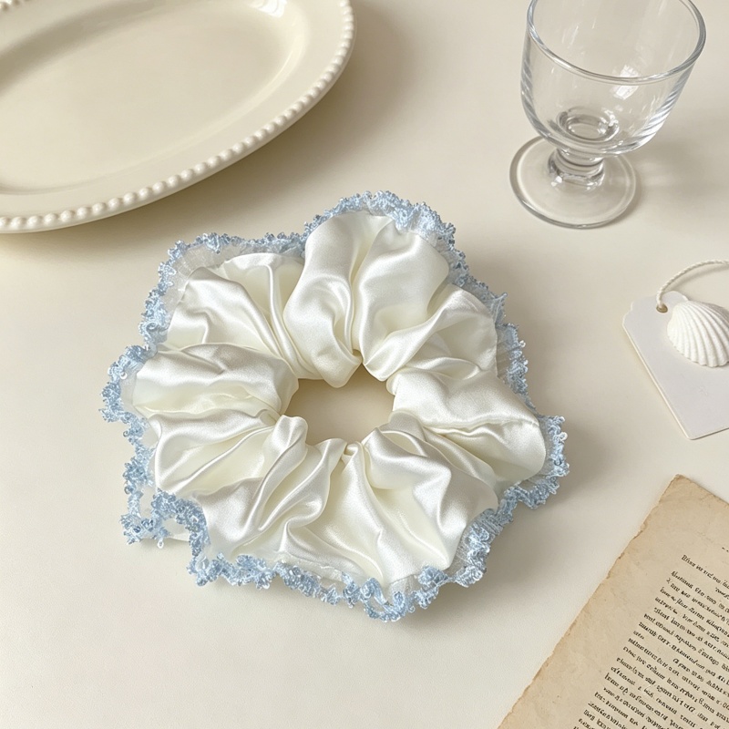 Élastiques à cheveux pour femmes en satin blanc, style foulard carré, avec garniture en dentelle à paillettes bleues, style coréen, doux, pour usage quotidien et queue de cheval