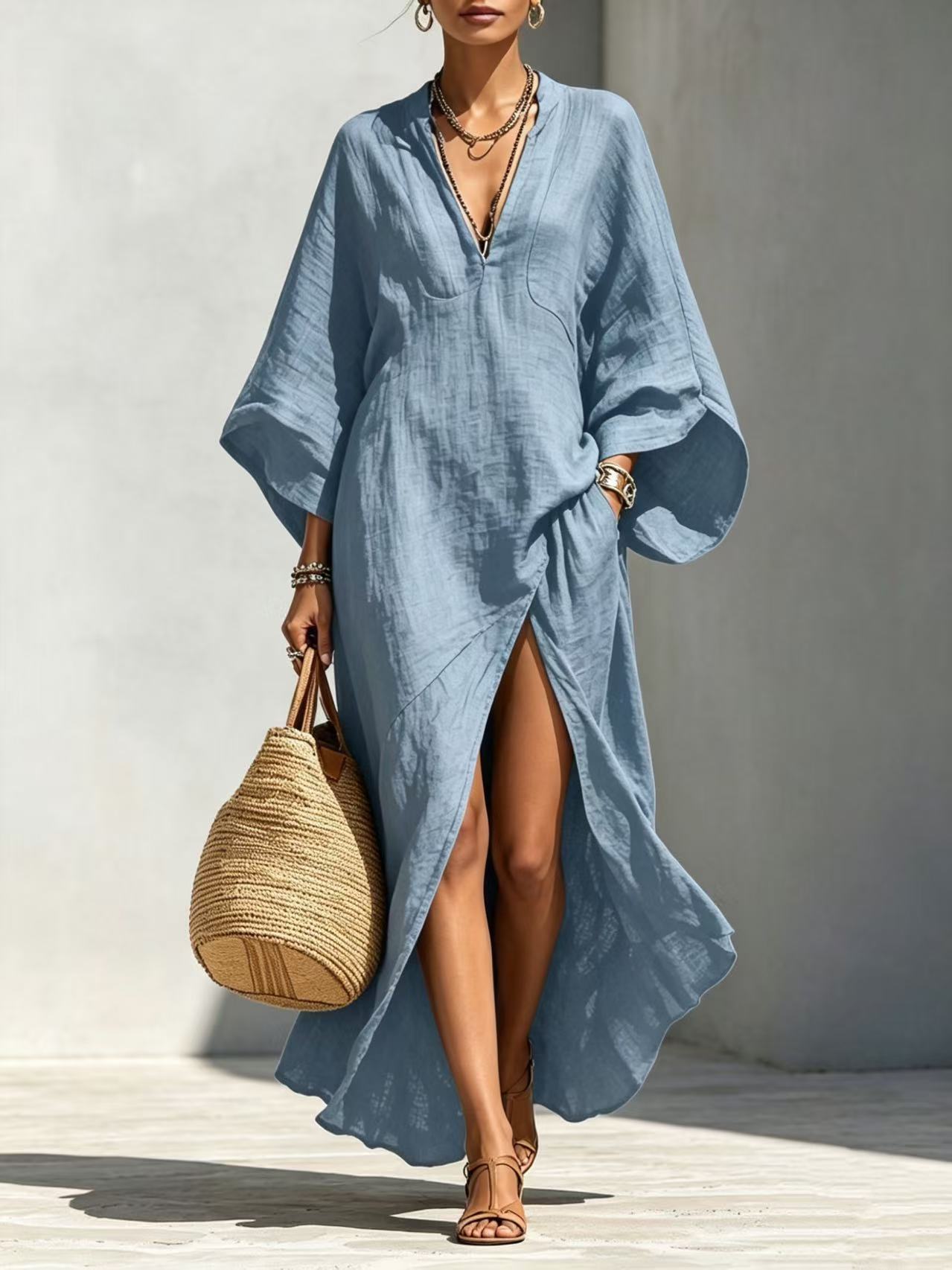 Robe longue bohème pour femme, col en V, beige, mélange de lin, caftan long, fente latérale haute, manches chauve-souris oversize, robe de plage pour les vacances