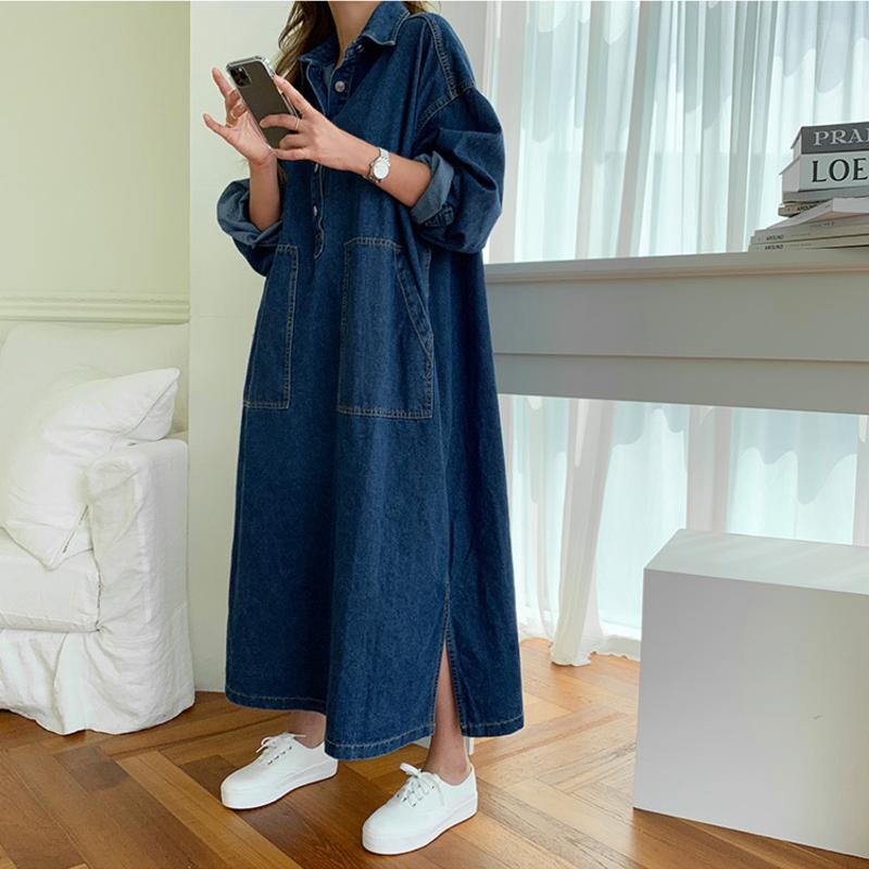 Robe longue en Denim pour femmes, col rabattu, ligne A, Maxi maman, jean, Streetwear, décontracté, ample, Y2k, fête, été 2025