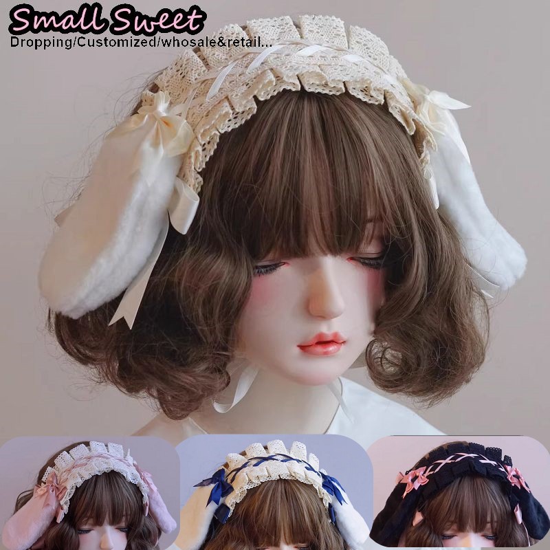 Serre-têtes pour femmes avec nœuds oreilles de lapin, style Harajuku Gothic Lolita, Y2K, Punk, avec nœuds en dentelle et volants