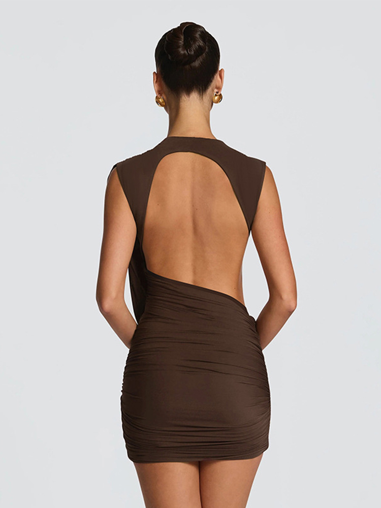 Robe courte drapée asymétrique sans manches, dos nu, moulante, marron, pour femmes, sexy, pour soirées, cocktails et clubs.