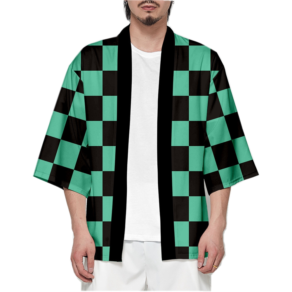 Cardigan Kimono rose pour femmes, personnage d'anime Kamade Zezeko, manteau d'été Kamado Tanjirou vert noir à carreaux pour hommes, manteau Haori japonais