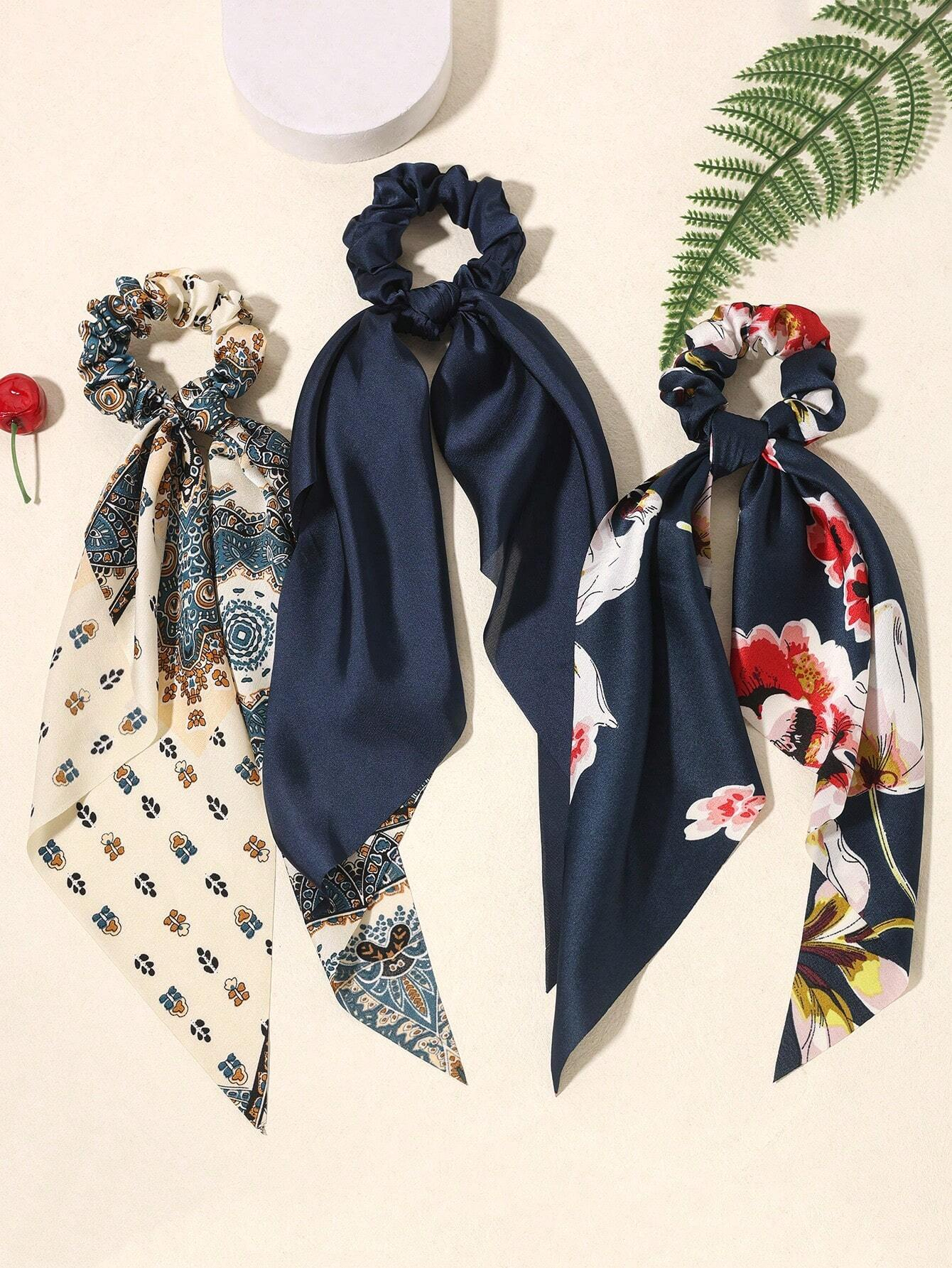 Bandana triangulaire en Satin imprimé artistique, nouveau Style, couleur unie, accessoires pour foulards longs, porte-queue de cheval, attaches pour cheveux, 3 pièces
