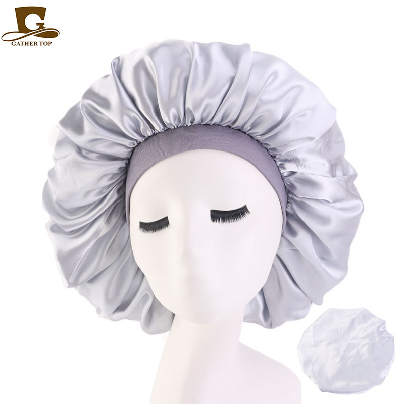 Nouveau bonnet de nuit en satin soyeux imprimé grande taille pour femme, idéal pour cheveux bouclés et crépus, noir