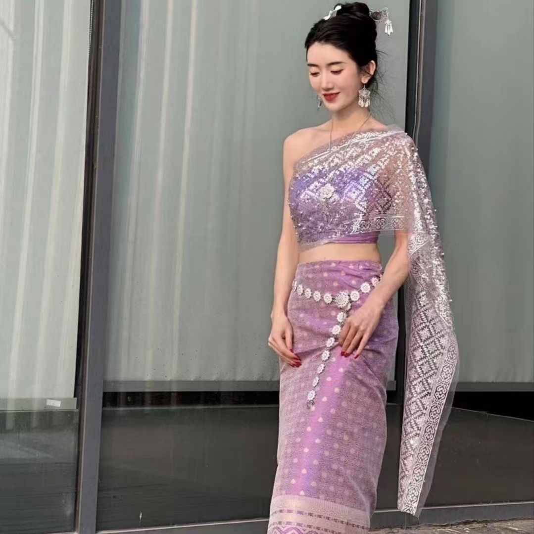 Robe Traditionnelle Thaïlandaise Vintage Dai pour Femme, Ensemble Jupe Sarong, Costume de Festival, Châle à Paillettes, Vêtements Asiatiques RON, 5 Pièces