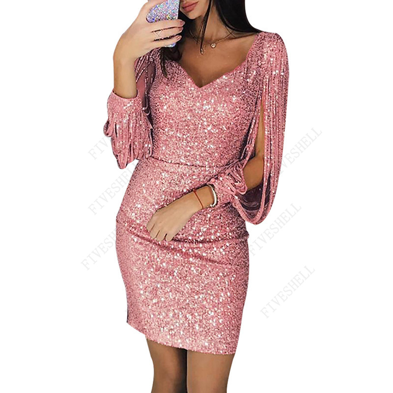 Robe Éducative à Paillettes pour Femme, Col en V, Sac à Franges, Hanche, Design Évasé, Mode, Costumes de ix, Grande Taille, Printemps, 2022