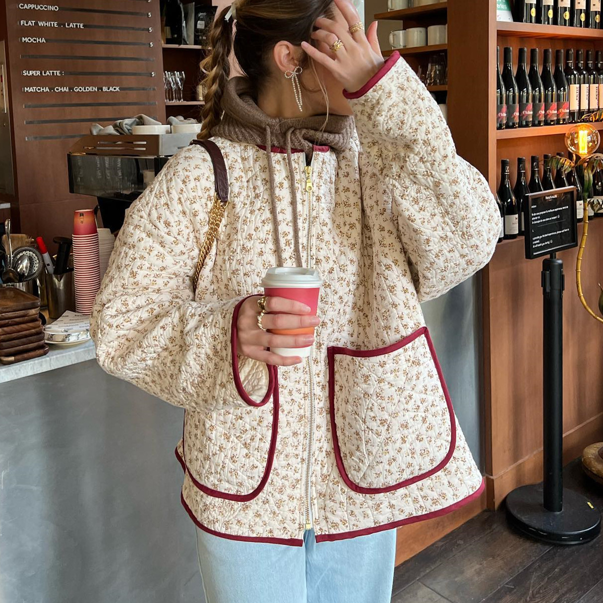 Vestes matelassées à imprimé floral pour femmes, col montant, poche pour documents, manteau rembourré esthétique, vêtements d'extérieur chauds pour femmes, chic, automne