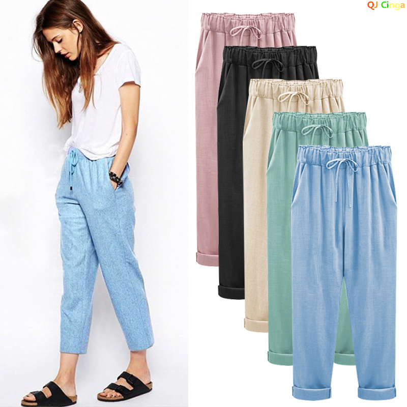 Pantalon en lin coton, élastique mi-taille rinçage longueur pantalon, décontracté femmes adt printemps pantalon, pantalon femme taille M-5XL 6XL 7XL 8XL