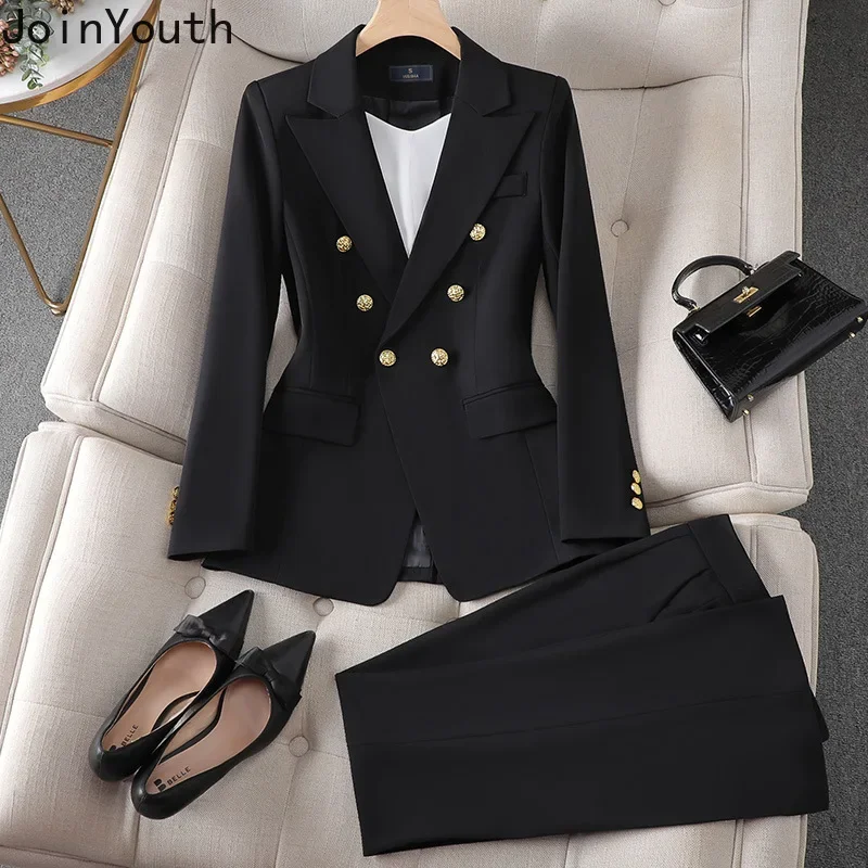 Ensemble élégant 2 pièces pour femmes, vêtements Blazer à Double boutonnage, manteau, taille haute, pantalon droit, costume coréen, tenues de bureau