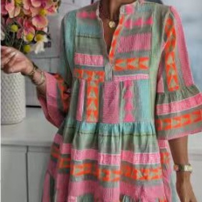 Robes pour femmes, col en V, manches trois quarts, pull, imprimé Floral, longueur aux genoux, coupe ample, décontractée, automne 2025