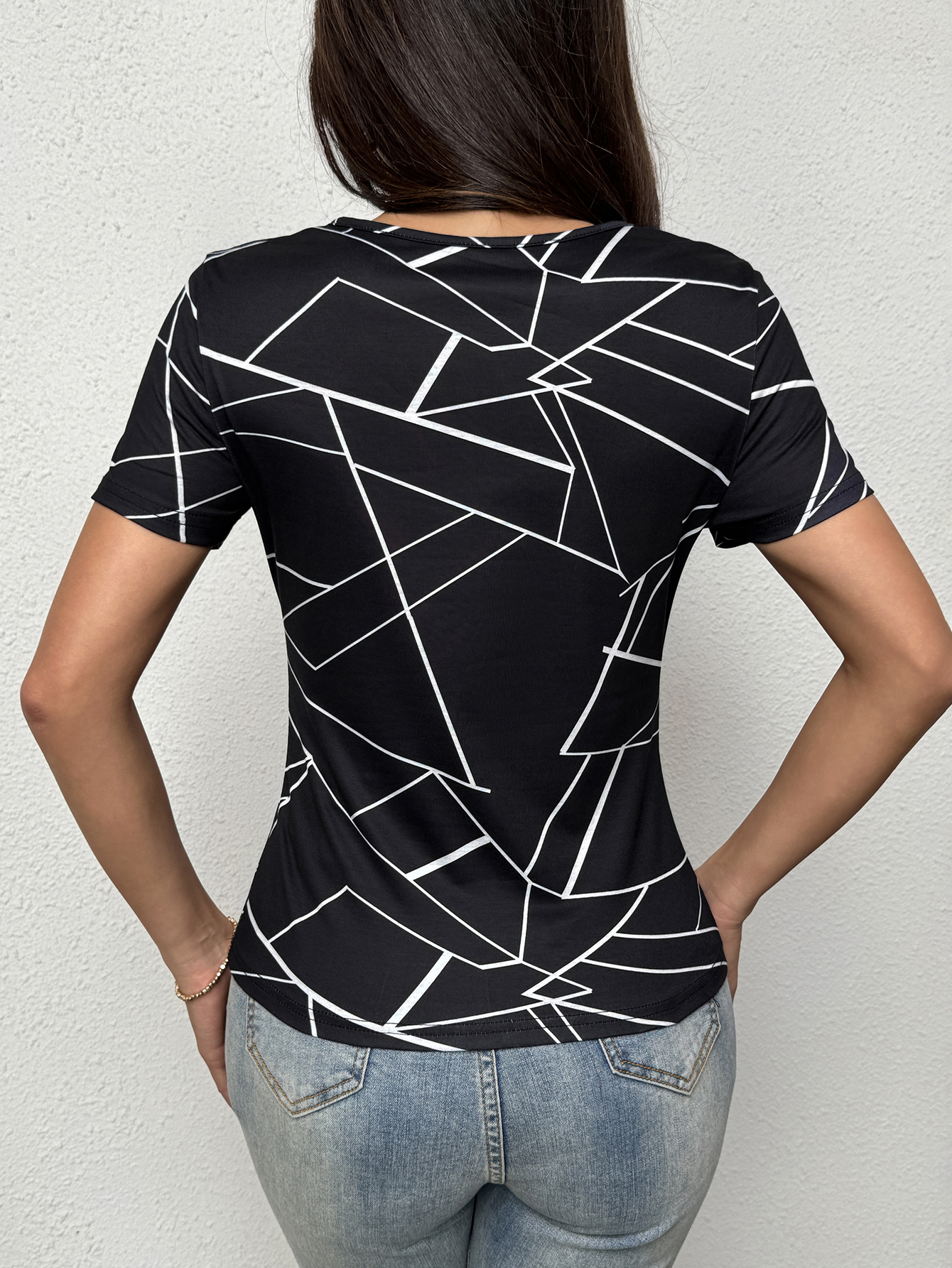 T-shirt femme à imprimé géométrique, coupe ajustée, manches courtes, décontracté et chic, pour le printemps et l'été, usage quotidien