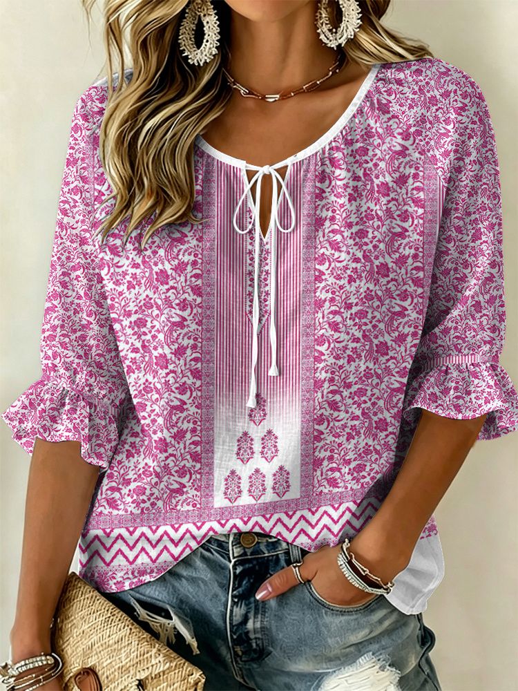 Chemisier pour femme violet brodé à motif cachemire avec col noué, hauts amples décontractés pour le printemps, l'été, le quotidien et les occasions de vacances