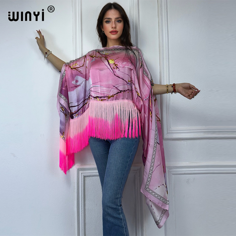 WINYI Beach Nouvelle Robe à Pompons, Robe Longue Maxi Africaine, Couvre-Bikini Imprimé Bohème d'Été, Kaftan Élégant et Tendance, Robe Sexy pour Fête et Vacances