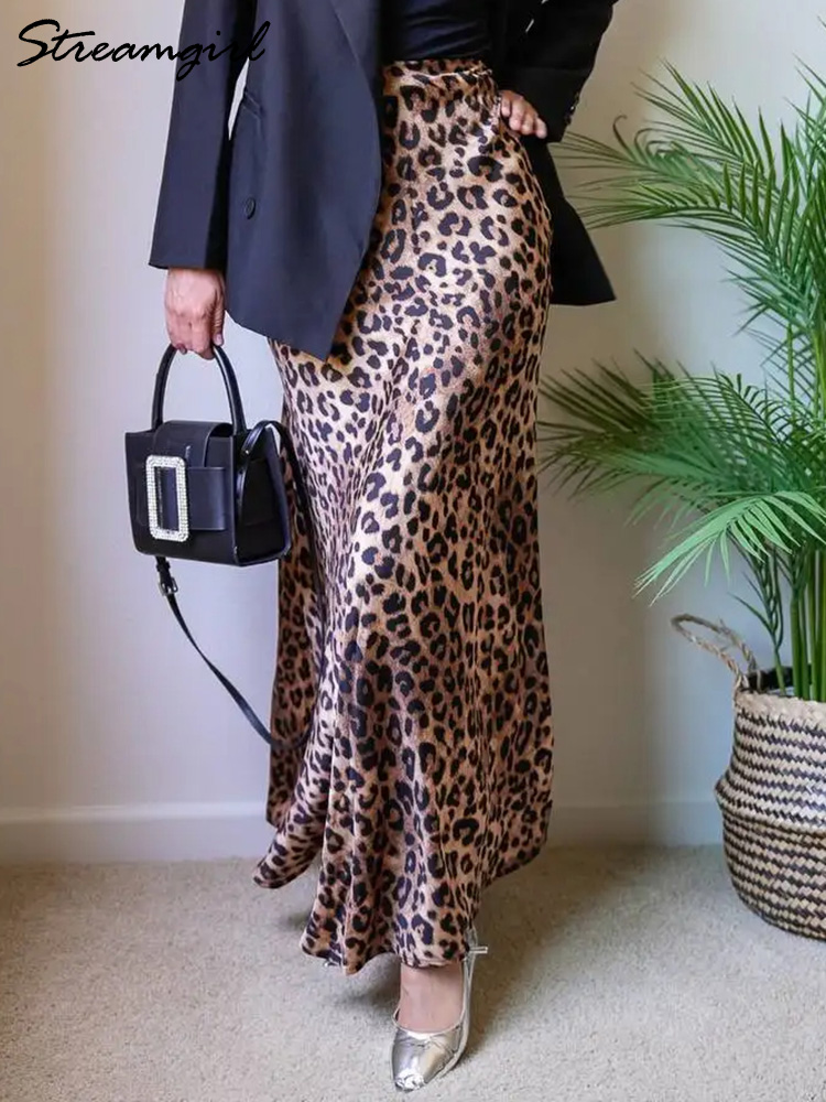 Jupe longue léopard en Satin pour femmes, jupe de luxe, ligne A, taille haute, marron, Maxi, printemps été, 2026