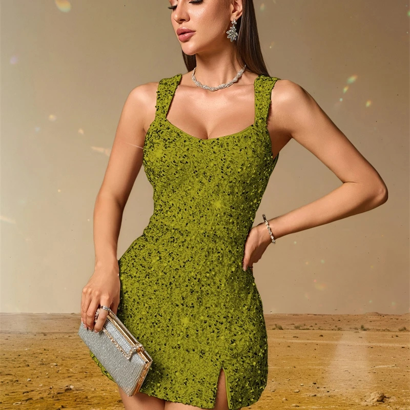 Femmes robes à fente basse été paillettes brillantes robe de soirée Sexy robes de soirée élégantes Cocktail robes de bal d'anniversaire courtes XSY225