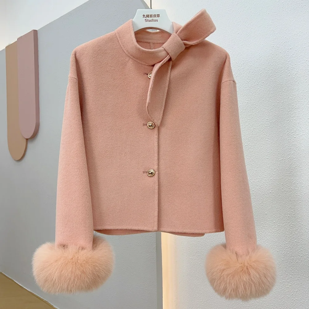 Manteau en Laine pour Femme 2026 Nouvelle Collection Hiver avec Poignets en Fourrure de Renard Naturelle, Veste de Luxe en Cachemire et Laine pour Femme