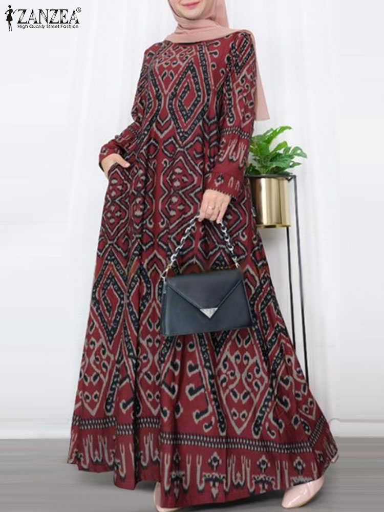 ZANZEA-Robe Longue Vintage à Imprimé Floral pour Femme, Hijab de Turquie, Abaya Musulmane à Manches sulf, Maxi, Printemps