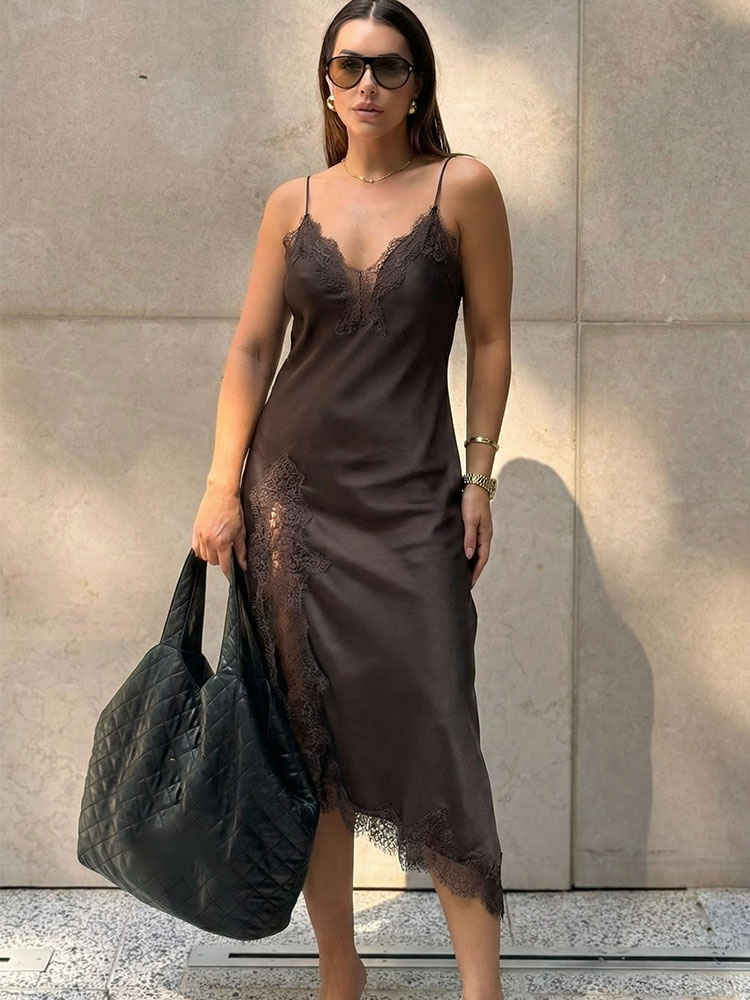 HH femmes mode dentelle épissage Satin Texture longue robe Sexy dos nu sans manches robes été dame tendance fête robe de soirée