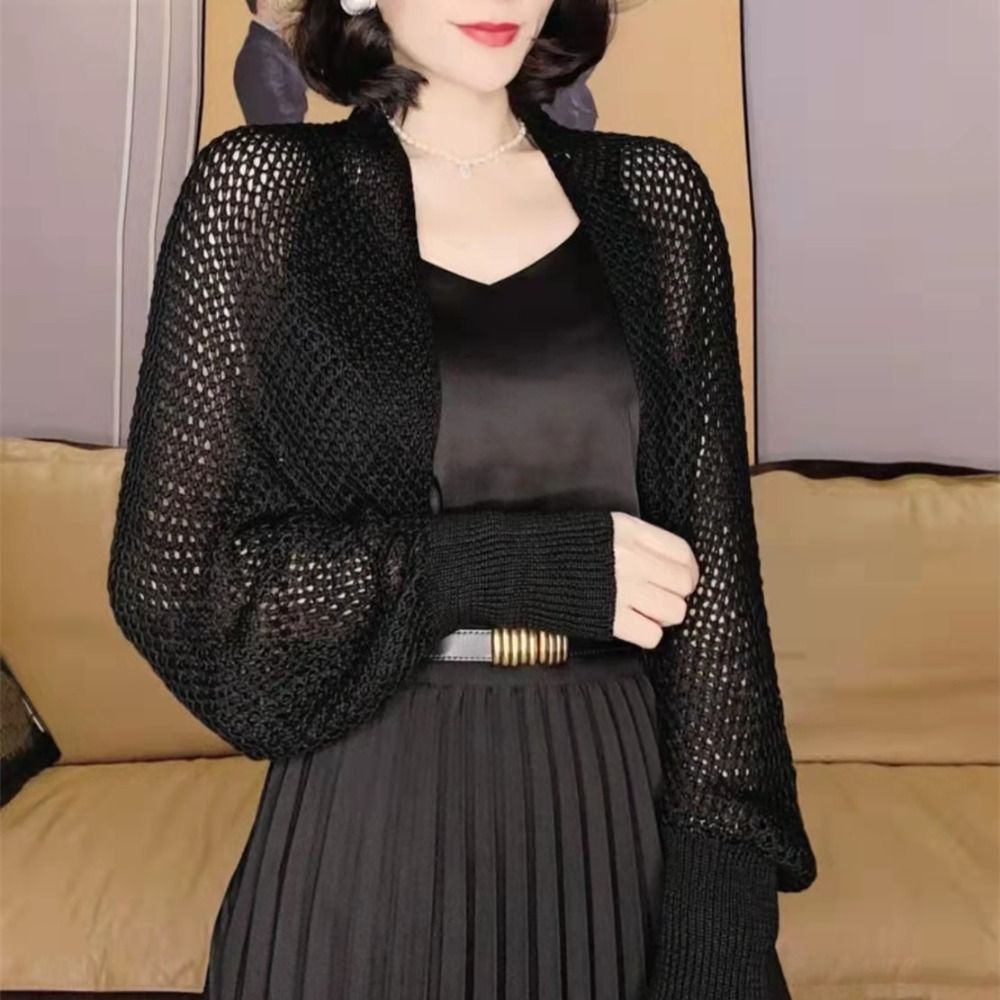 Châle en soie glacée ajourée pour femme, vêtement d'extérieur fin, simple et élégant, haut smock de luxe à manches longues