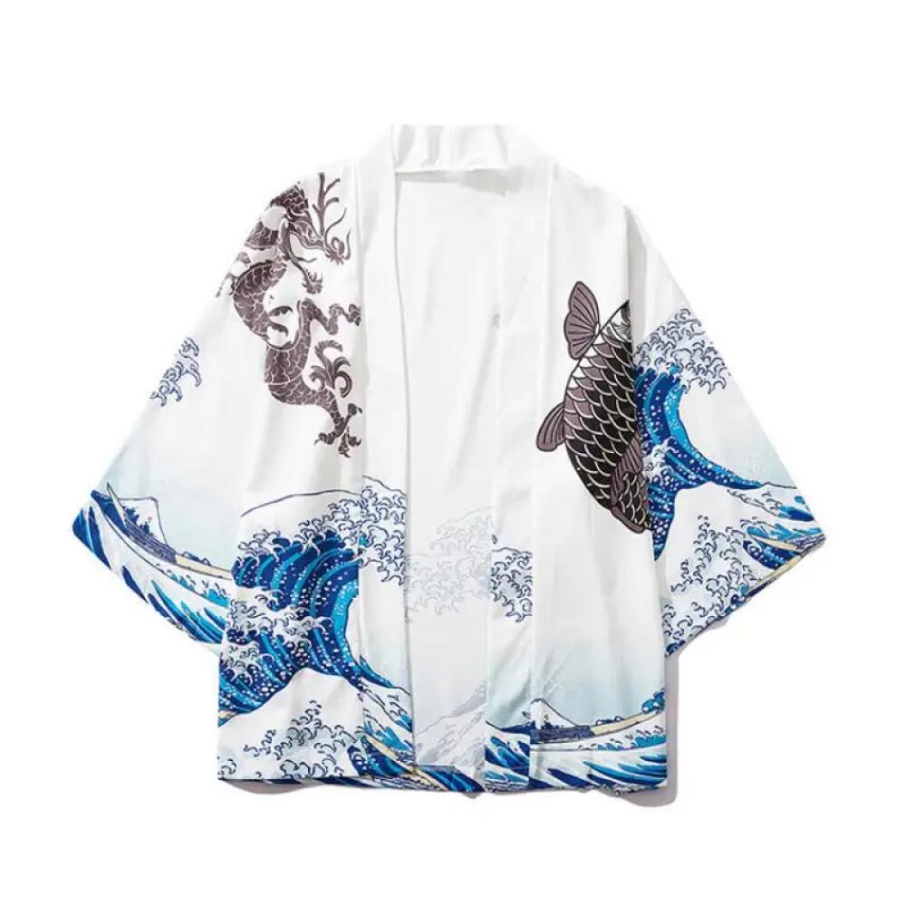 Kimono japonais 2026 pour hommes et femmes, manteau à motif vague et carpe vert, Haori traditionnel, pull en laine à col ouvert, robe de plage japonaise noire