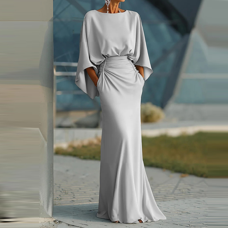 Robe longue plissée élégante à taille haute pour femme, col rond, manches chauve-souris, dos nu, poches, couleur unie, idéale pour les soirées
