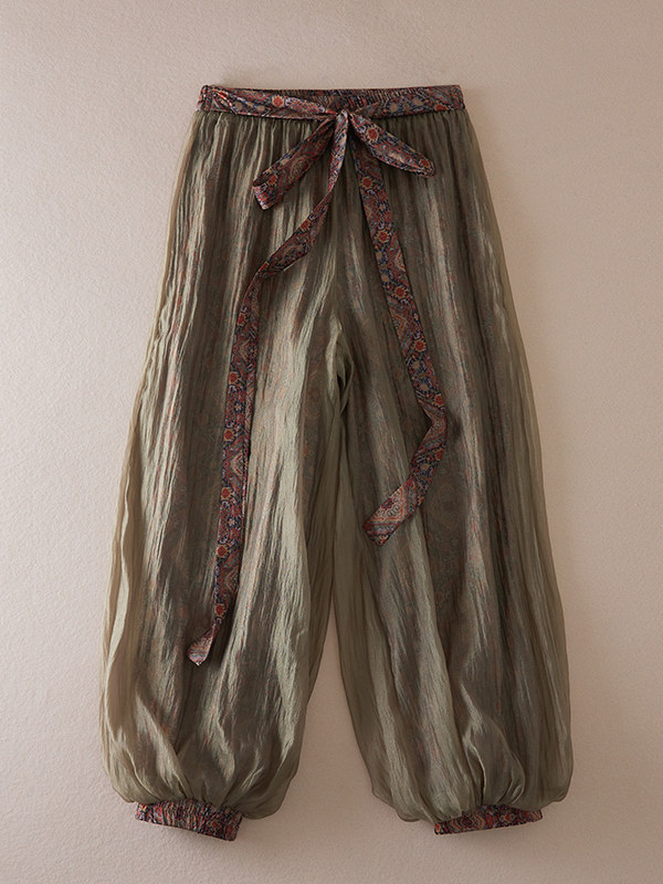 Pantalon Bohème à Imprimé Floral pour Femme, en Lin, Coupe Ample, Taille Élastique, Doux et Confortable, Style Vintage, Tendance Estivale Décontractée, Coupe Lanterne