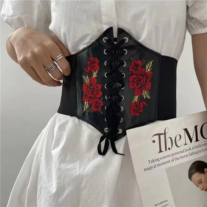 Ceinture Corset gothique pour femmes, mode PU, broderie de fleurs, ceinture amincissante, Vintage, noire, large, pour filles